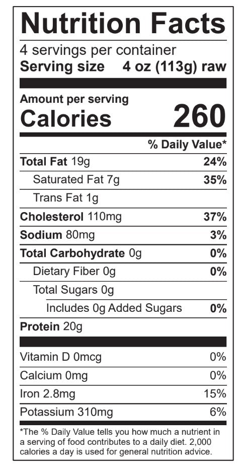 Nutrition Facts for Ancestral Grind: Ground Beef + Organ Meats